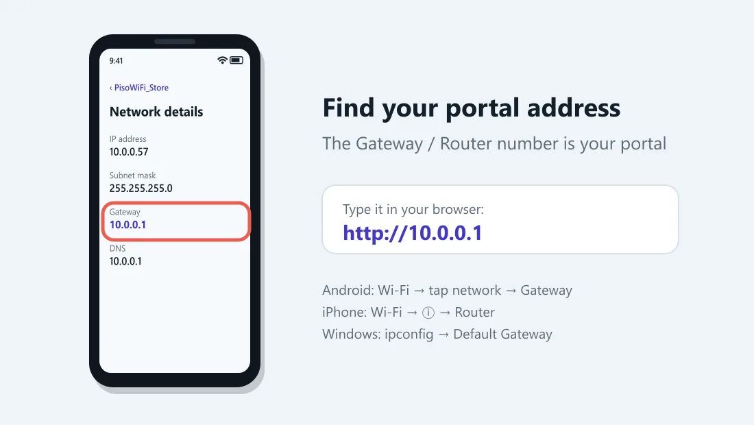 Find the Piso WiFi portal address from the Gateway in Wi-Fi details