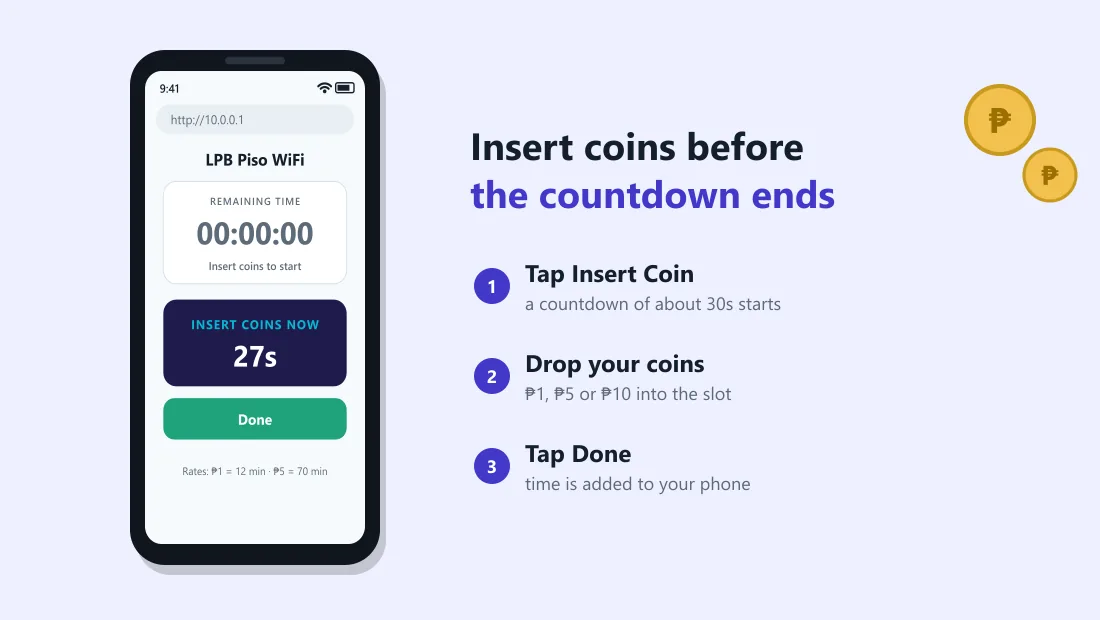 LPB Piso WiFi insert coin countdown on the portal
