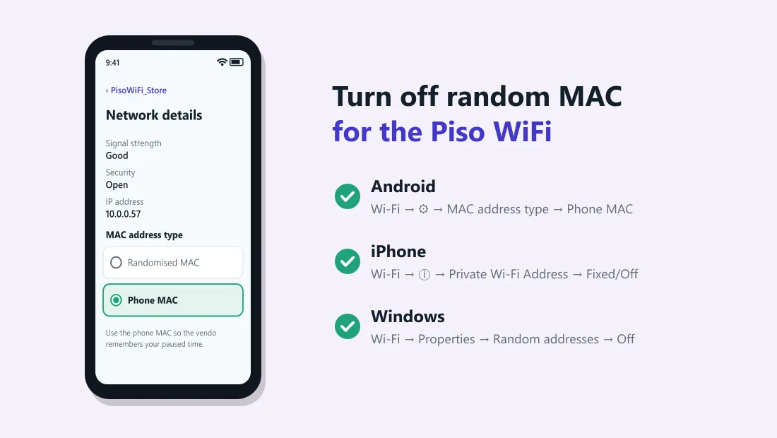 Android Wi-Fi setting MAC address type set to Phone MAC