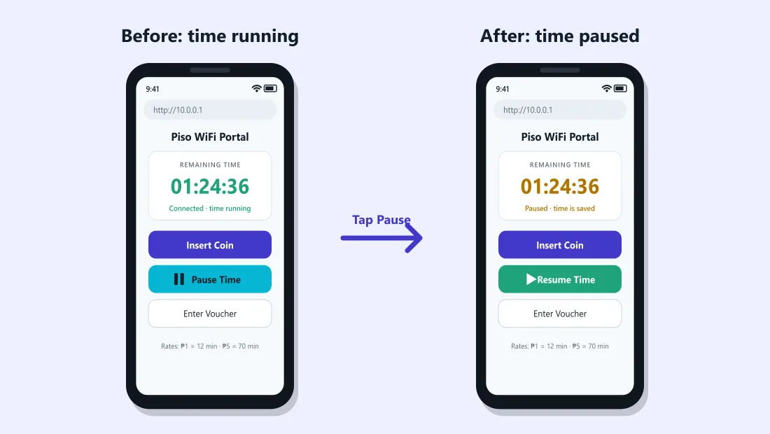 Piso WiFi portal before and after tapping Pause Time