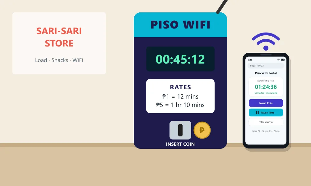 Student using his phone next to a Piso WiFi vendo outside a sari-sari store